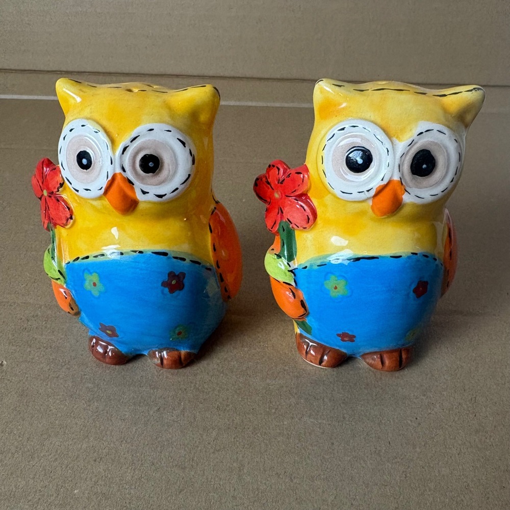 Emerald Isle Ceramic Owl Salt and‎ Pepper Shaker Set Yellow Blue Flower Design